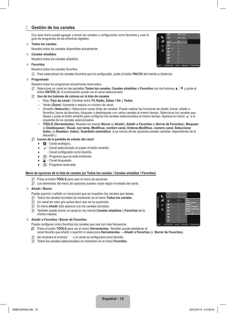 Gestión de los canales, Español - 12 | Samsung LE19C451E2W User Manual | Page 82 / 214