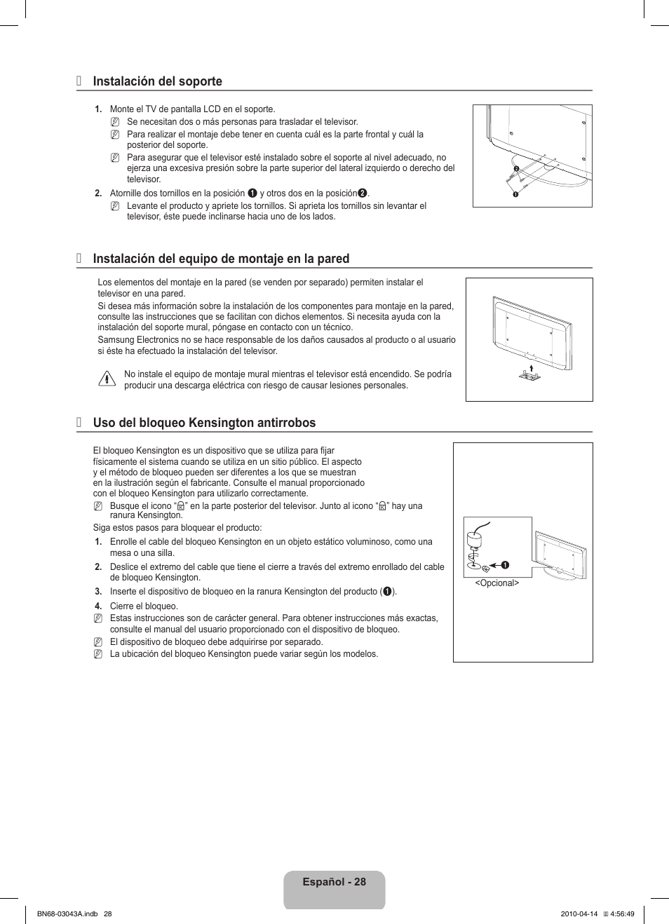 Instalación del soporte, Instalación del equipo de montaje en la pared, Uso del bloqueo kensington antirrobos | Samsung LE19C451E2W User Manual | Page 98 / 214