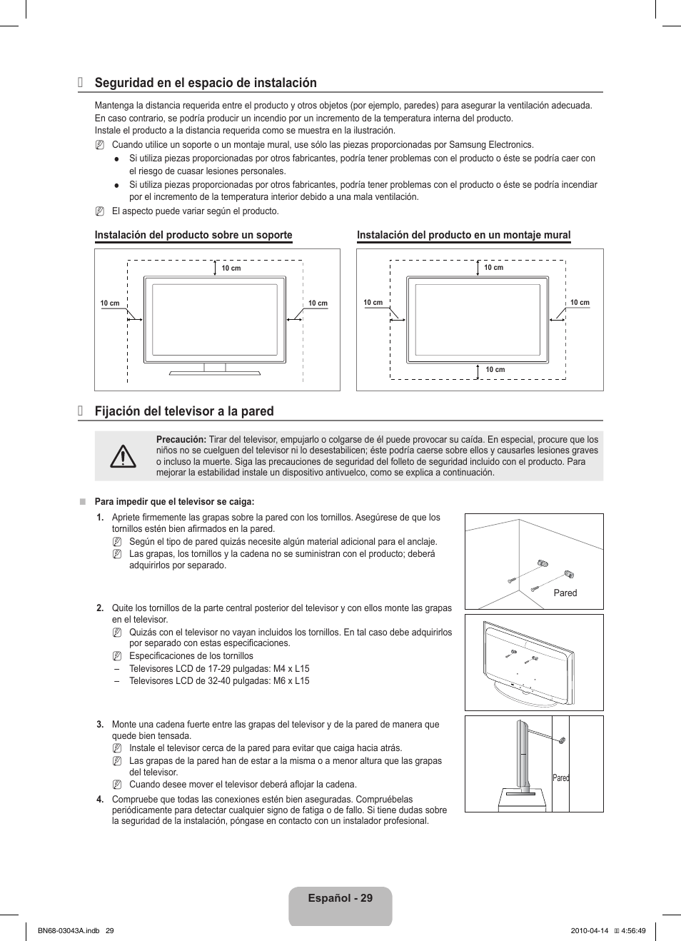 Seguridad en el espacio de instalación, Fijación del televisor a la pared | Samsung LE19C451E2W User Manual | Page 99 / 214