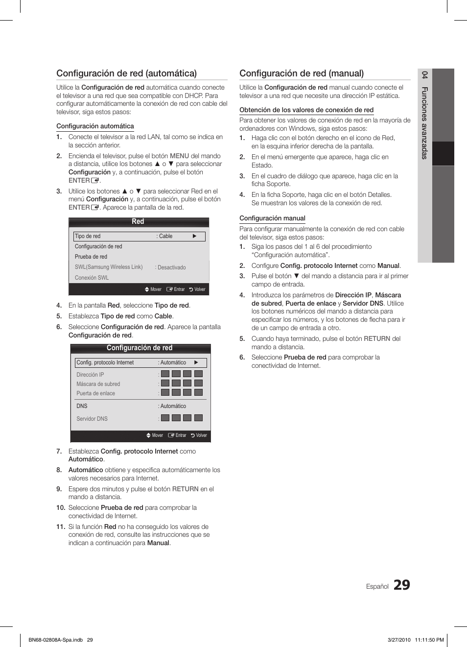 Configuración de red (automática), Configuración de red (manual) | Samsung LE46C750R2W User Manual | Page 151 / 368