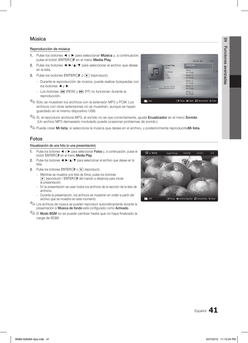 Música, Fotos | Samsung LE46C750R2W User Manual | Page 163 / 368