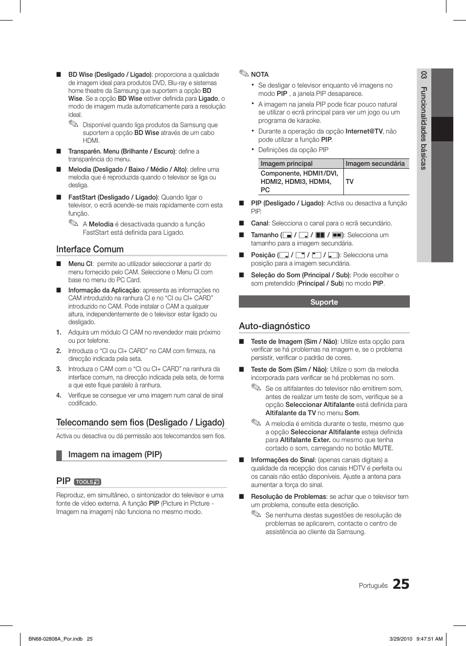 Interface comum, Telecomando sem fios (desligado / ligado), Auto-diagnóstico | Samsung LE46C750R2W User Manual | Page 208 / 368