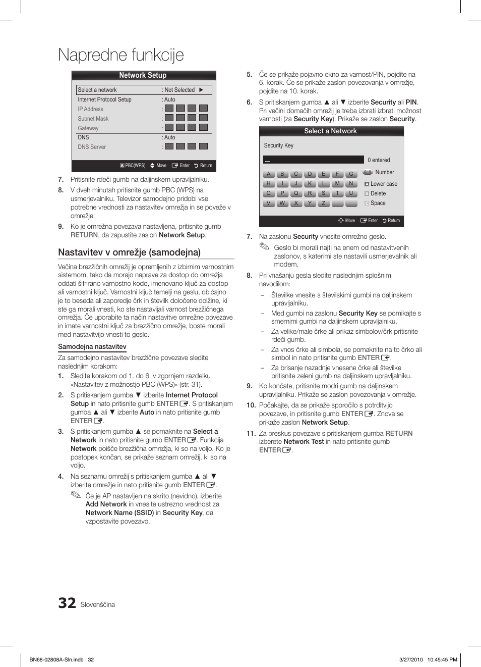 Napredne funkcije, Nastavitev v omrežje (samodejna) | Samsung LE46C750R2W User Manual | Page 276 / 368