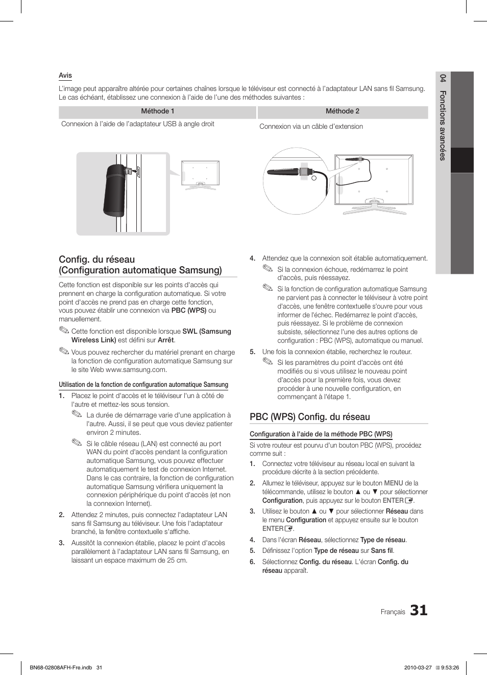 Pbc (wps) config. du réseau | Samsung LE46C750R2W User Manual | Page 92 / 368