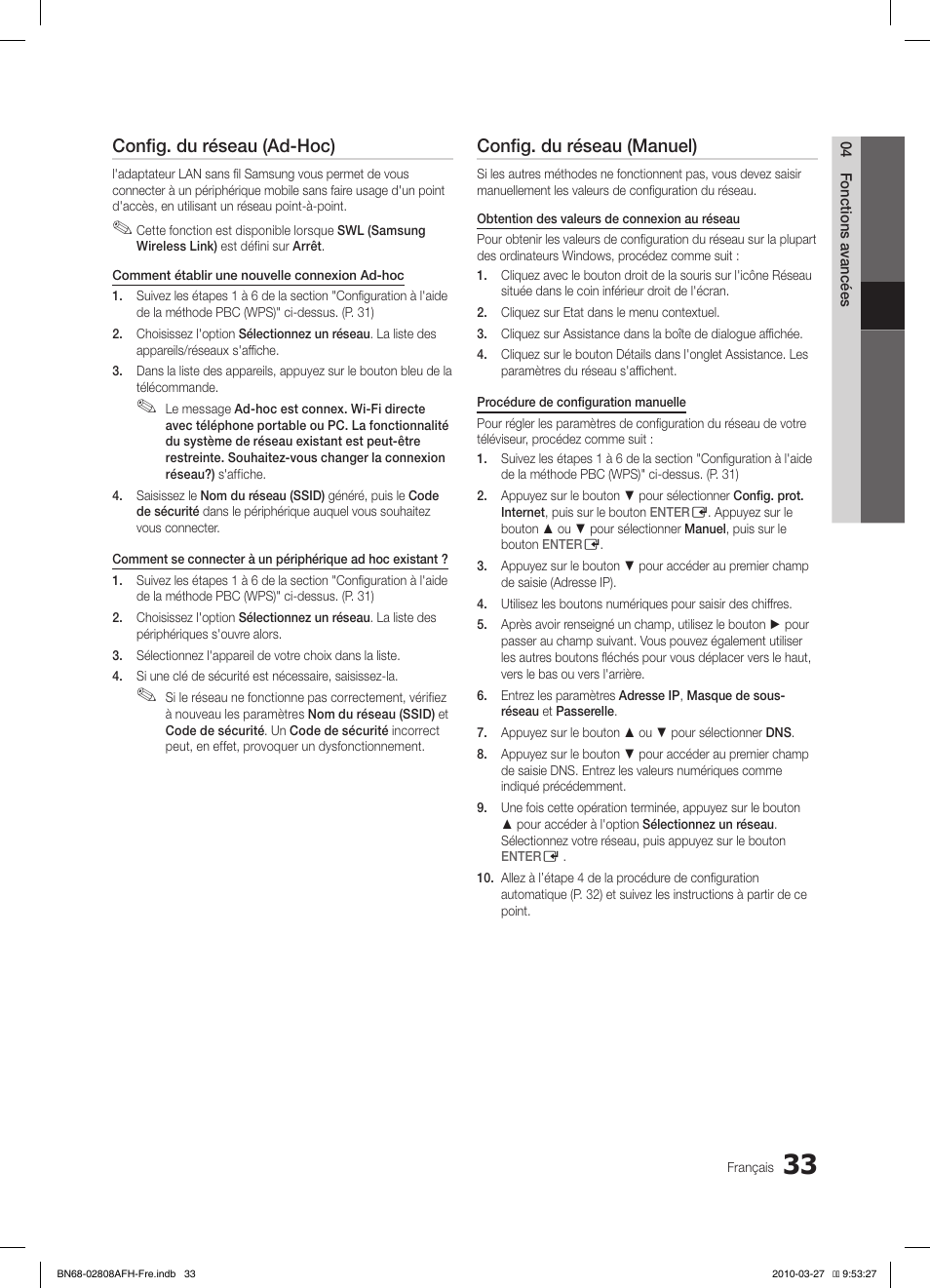 Config. du réseau (ad-hoc), Config. du réseau (manuel) | Samsung LE46C750R2W User Manual | Page 94 / 368