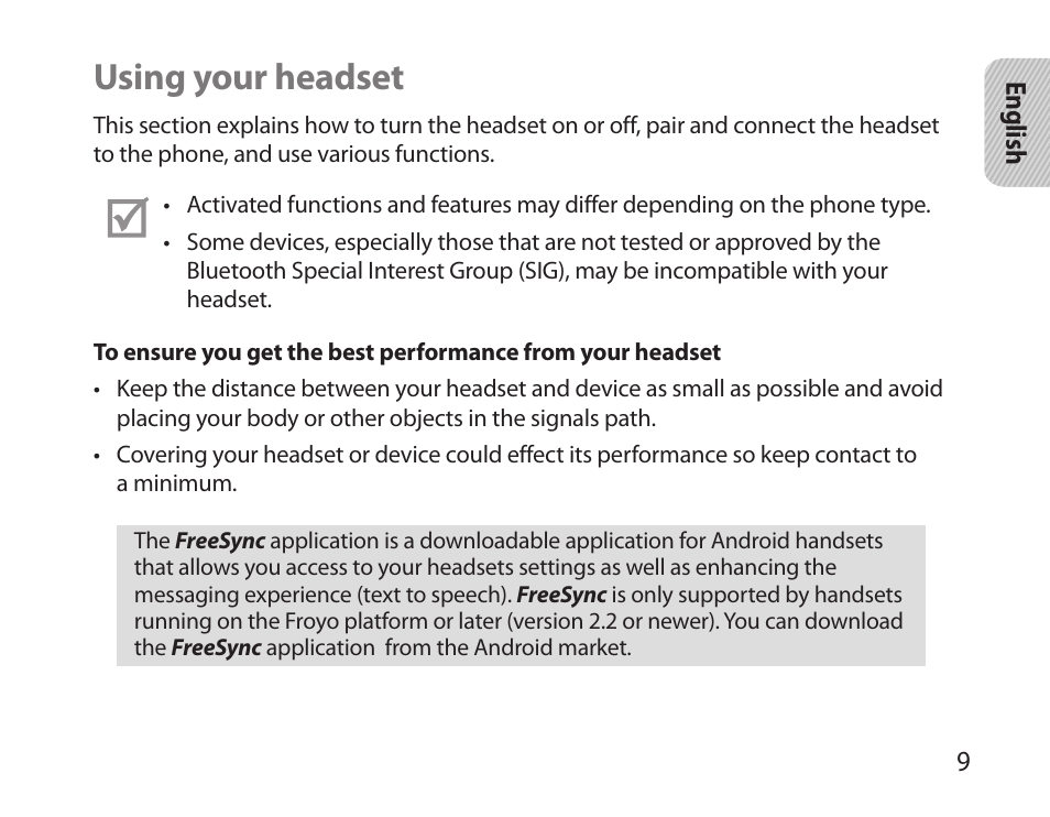 Using your headset | Samsung BHS6000 User Manual | Page 11 / 100