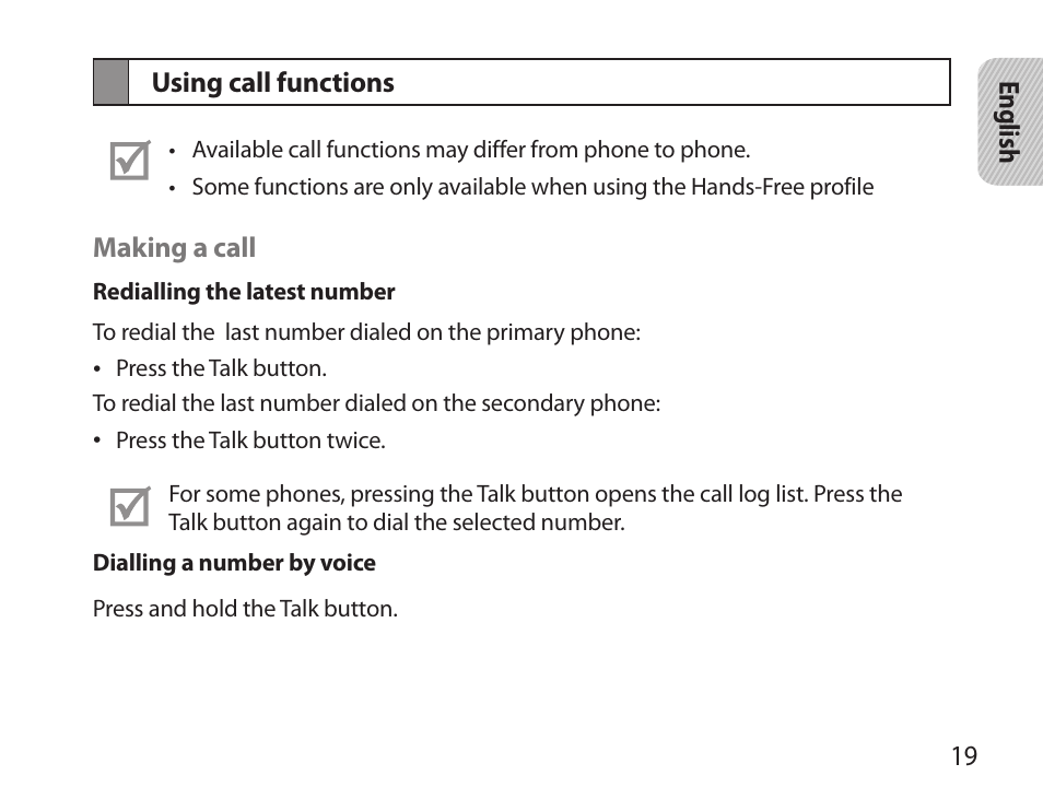 Using call functions | Samsung BHS6000 User Manual | Page 21 / 100