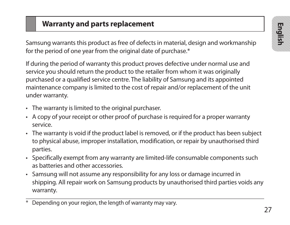 Warranty and parts replacement | Samsung BHS6000 User Manual | Page 29 / 100