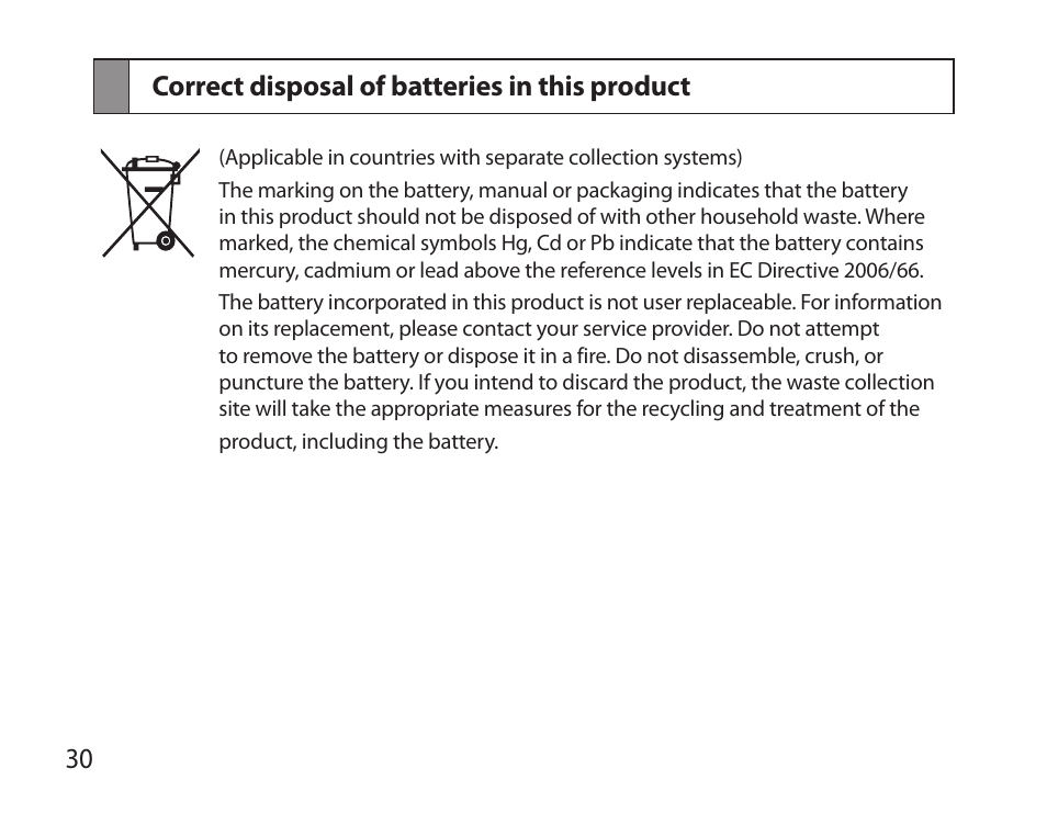 Correct disposal of batteries in this product, 30 correct disposal of batteries in this product | Samsung BHS6000 User Manual | Page 32 / 100