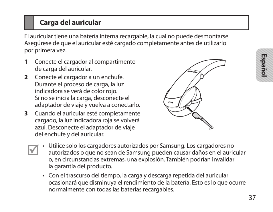 Carga del auricular | Samsung BHS6000 User Manual | Page 39 / 100