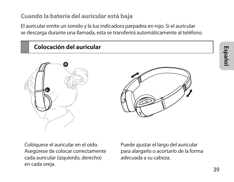 Colocación del auricular | Samsung BHS6000 User Manual | Page 41 / 100