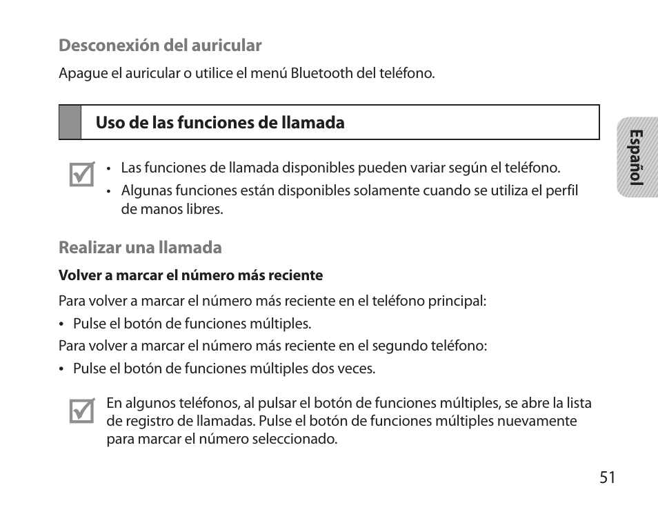 Uso de las funciones de llamada | Samsung BHS6000 User Manual | Page 53 / 100