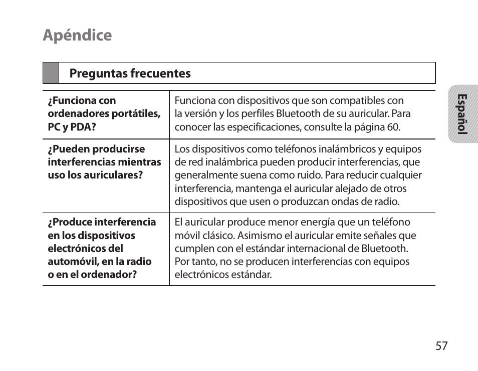 Apéndice, Preguntas frecuentes | Samsung BHS6000 User Manual | Page 59 / 100