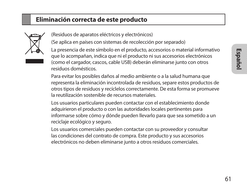 Eliminación correcta de este producto, 61 español eliminación correcta de este producto | Samsung BHS6000 User Manual | Page 63 / 100