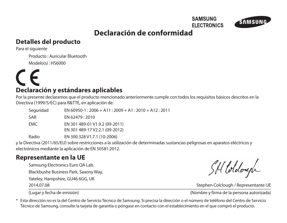 Declaración de conformidad, Detalles del producto, Declaración y estándares aplicables | Representante en la ue | Samsung BHS6000 User Manual | Page 65 / 100