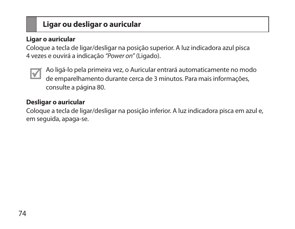 Ligar ou desligar o auricular | Samsung BHS6000 User Manual | Page 76 / 100