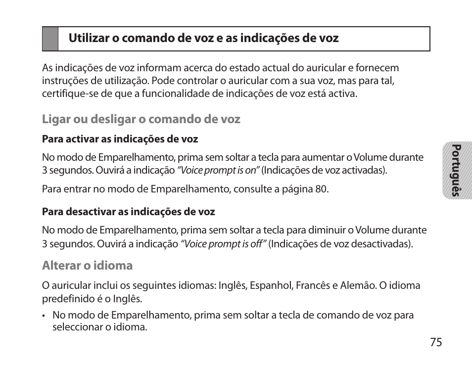 Utilizar o comando de voz e as indicações de voz | Samsung BHS6000 User Manual | Page 77 / 100