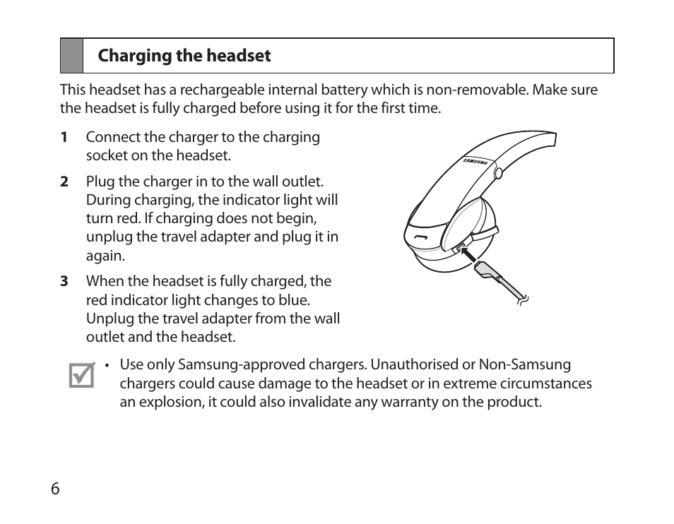 Charging the headset | Samsung BHS6000 User Manual | Page 8 / 100