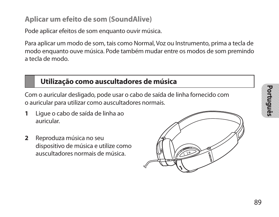 Utilização como auscultadores de música | Samsung BHS6000 User Manual | Page 91 / 100