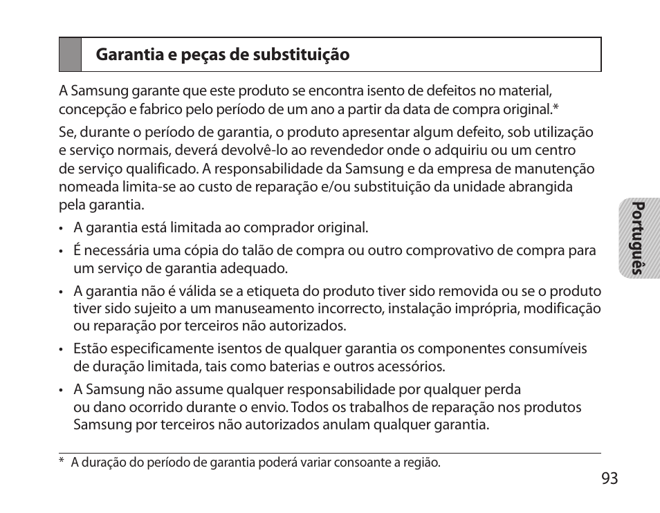 Garantia e peças de substituição | Samsung BHS6000 User Manual | Page 95 / 100
