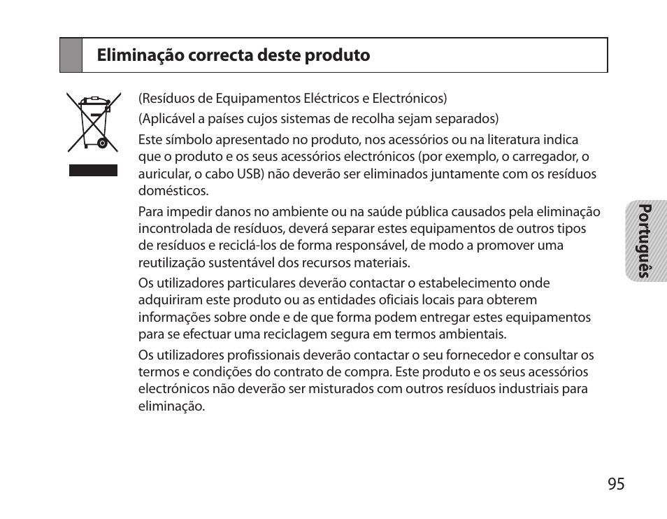 Eliminação correcta deste produto, 95 por tuguês eliminação correcta deste produto | Samsung BHS6000 User Manual | Page 97 / 100