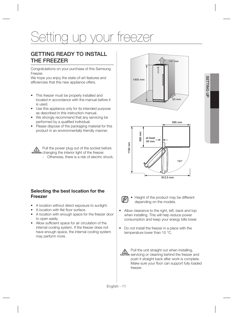 Setting up your freezer, Getting ready to install the freezer, Selecting the best location for the freezer | Samsung RZ28H6165SS User Manual | Page 11 / 120