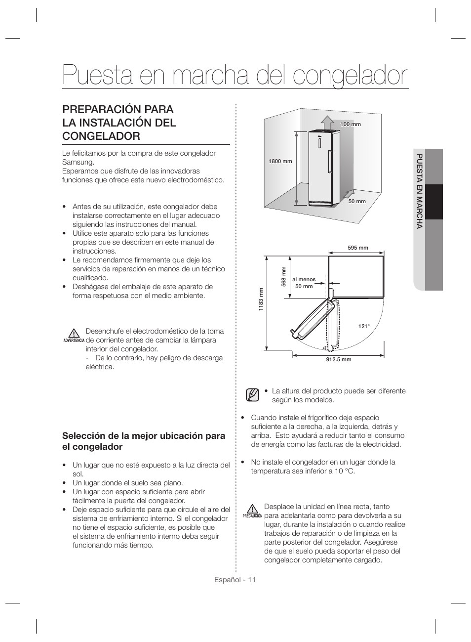 Puesta en marcha del congelador, Preparación para la instalación del congelador, Selección de la mejor ubicación para el congelador | Samsung RZ28H6165SS User Manual | Page 59 / 120