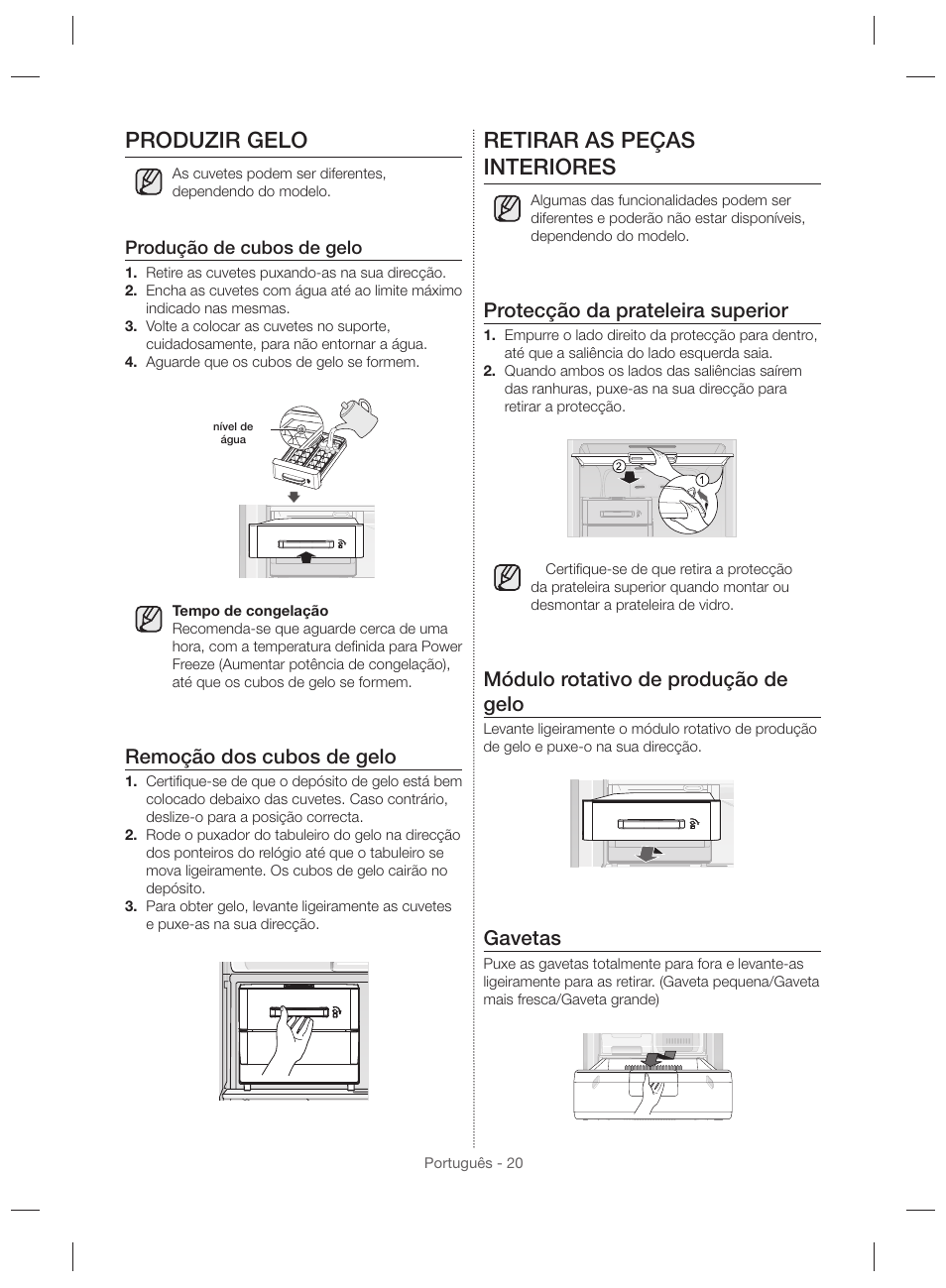 Retirar as peças interiores, Produzir gelo, Protecção da prateleira superior | Módulo rotativo de produção de gelo, Gavetas, Remoção dos cubos de gelo | Samsung RZ28H6165SS User Manual | Page 92 / 120