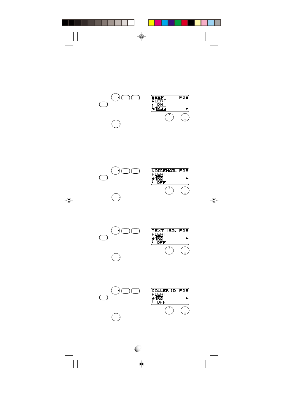 Single alert beep tone (f36-2), Voice mail alert (f36-3), Text message alert (f36-4) | Caller id alert (f36-5) | Audiovox CDM-4000 User Manual | Page 56 / 79