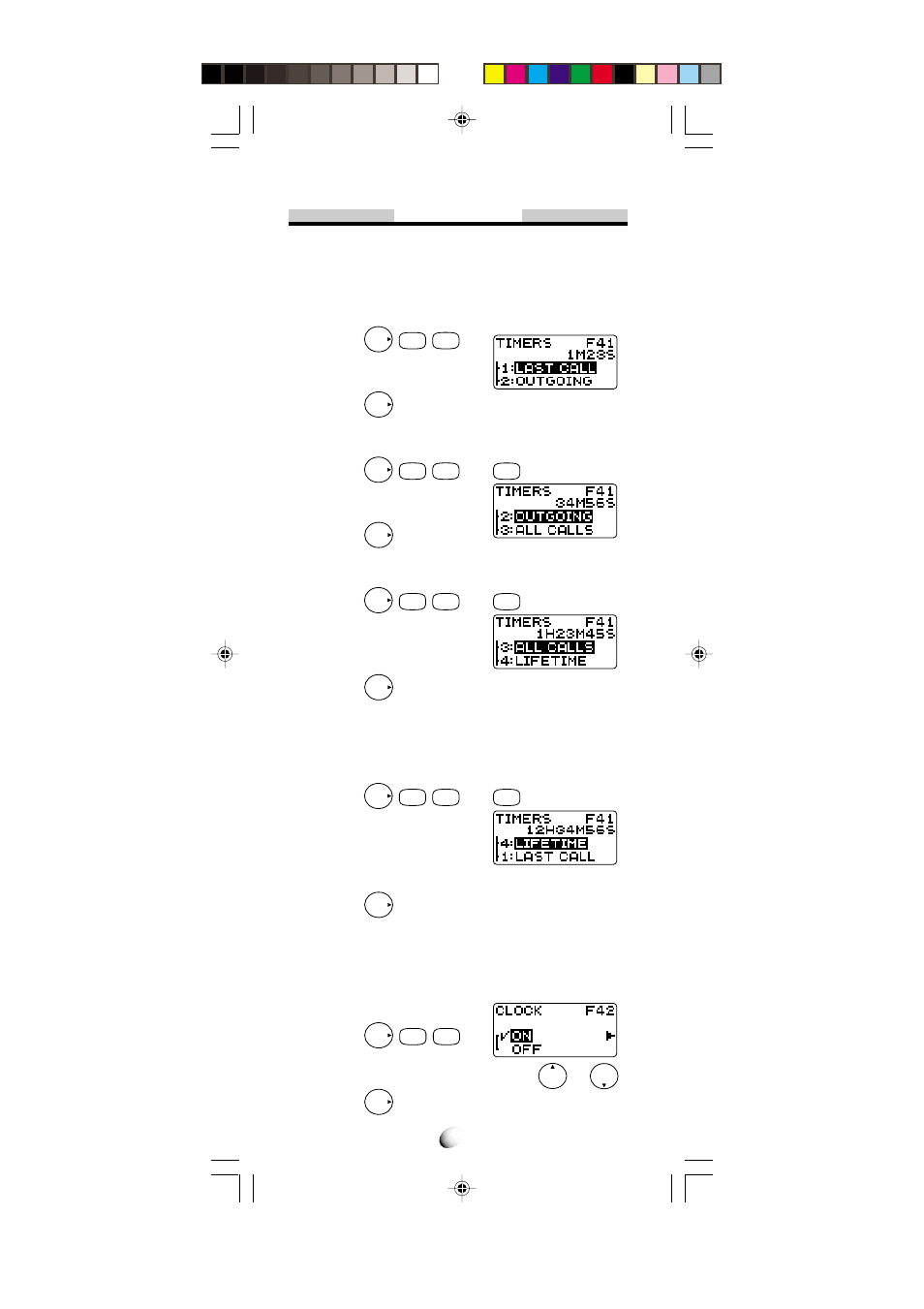 Call timers, Last call timer (f41-1), Outgoing call timer (f41-2) | All calls timer (f41-3), Lifetime timer (f41-4), Clock indicator (f42) | Audiovox CDM-4000 User Manual | Page 58 / 79