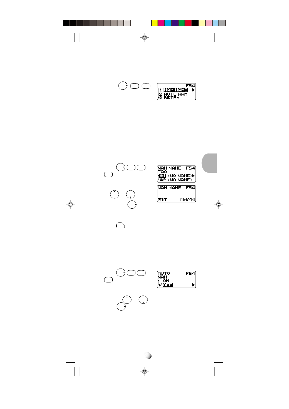 System settings (f54), Nam name display (f54-1), Automatic nam (f54-2) | Automatic retry (f54-3) | Audiovox CDM-4000 User Manual | Page 61 / 79