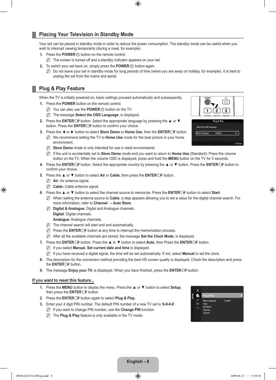 Placing your television in standby mode, Plug & play feature | Samsung LE32B553M3W User Manual | Page 10 / 422