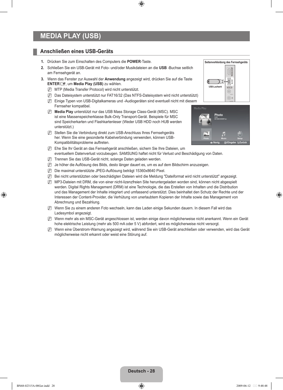 Media play (usb), Anschließen eines usb-geräts | Samsung LE32B553M3W User Manual | Page 122 / 422
