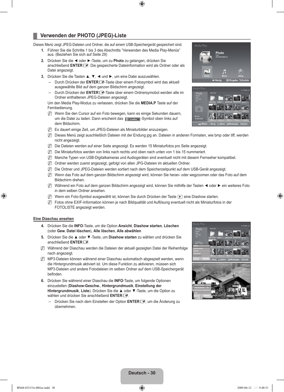 Verwenden der photo (jpeg)-liste, Deutsch - 30 | Samsung LE32B553M3W User Manual | Page 124 / 422