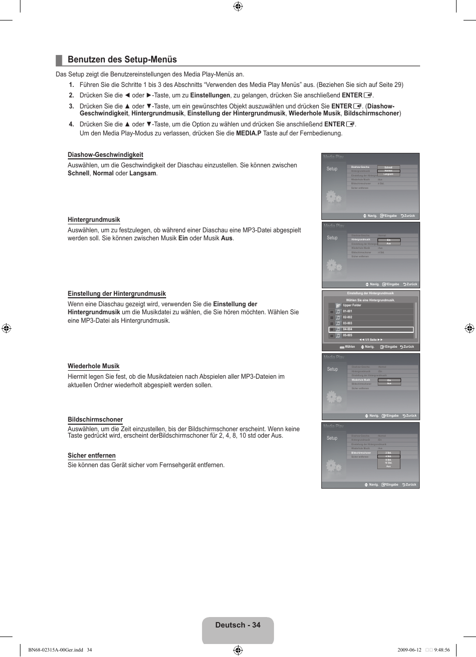 Benutzen des setup-menüs, Deutsch - 34 | Samsung LE32B553M3W User Manual | Page 128 / 422