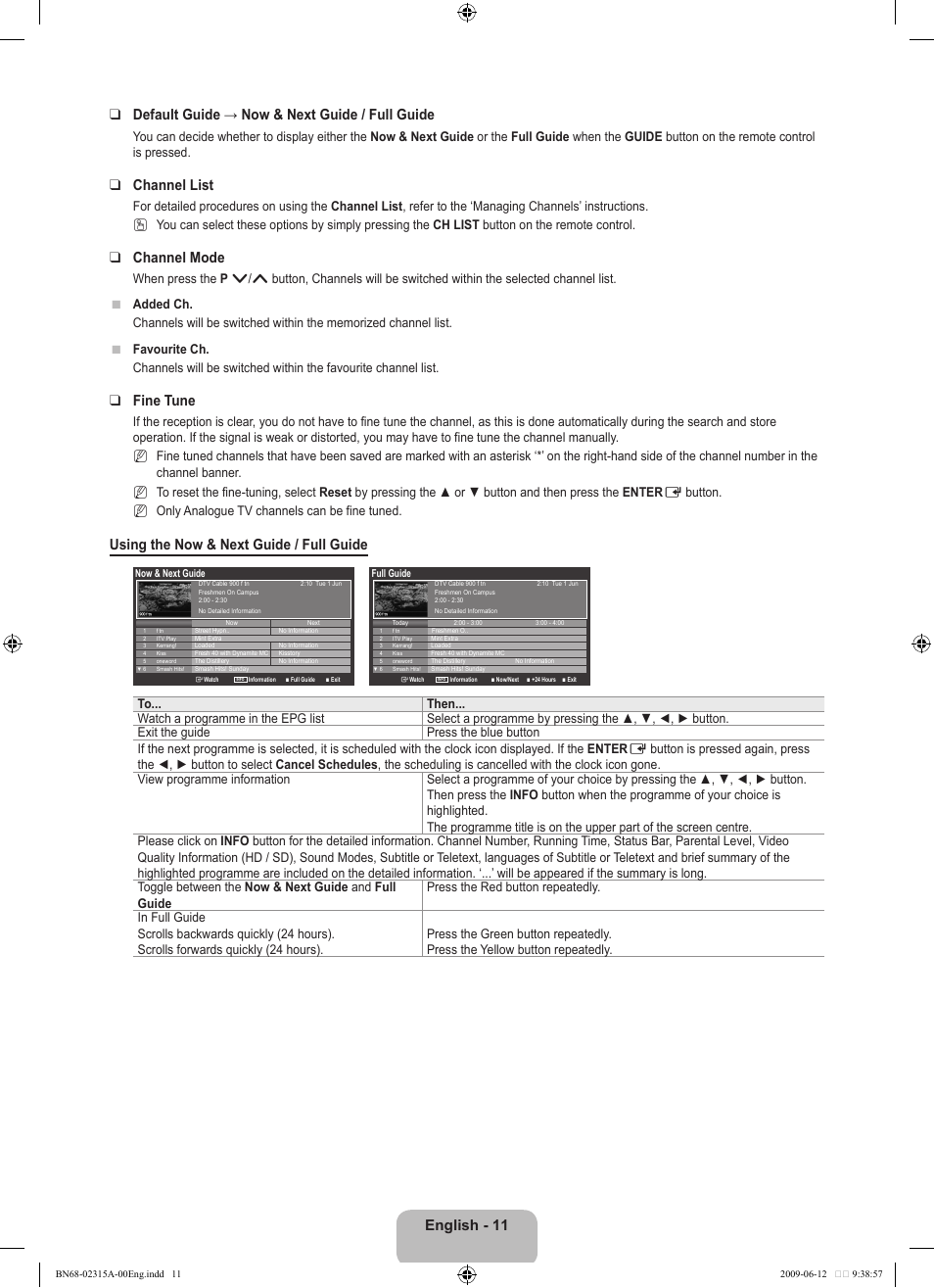 Channel list, Channel mode, Fine tune | Using the now & next guide / full guide | Samsung LE32B553M3W User Manual | Page 13 / 422