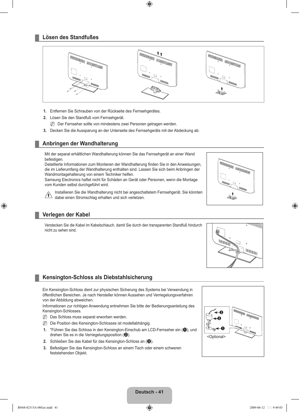 Lösen des standfußes, Anbringen der wandhalterung, Verlegen der kabel | Kensington-schloss als diebstahlsicherung | Samsung LE32B553M3W User Manual | Page 135 / 422