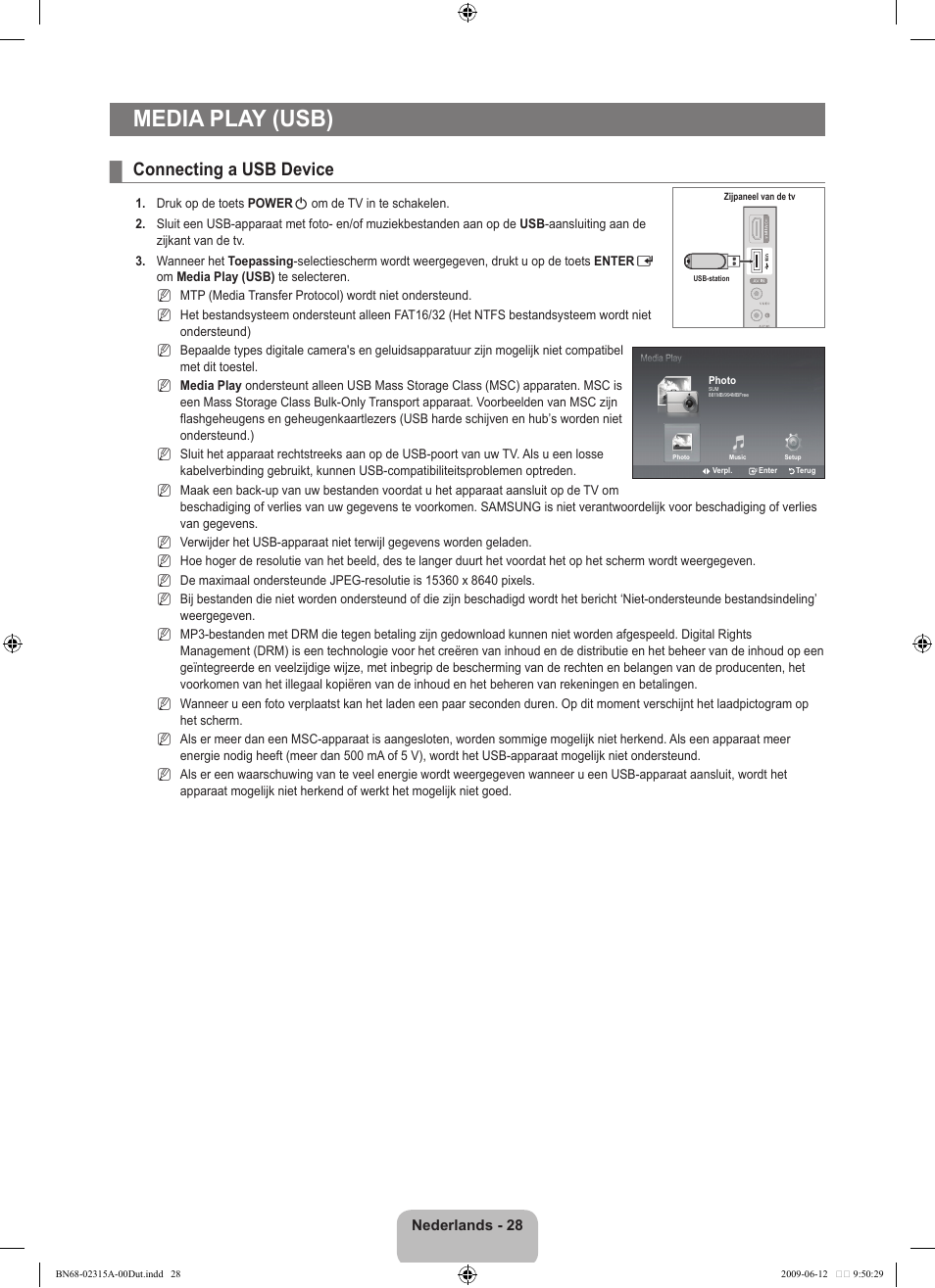Media play (usb), Connecting a usb device | Samsung LE32B553M3W User Manual | Page 168 / 422