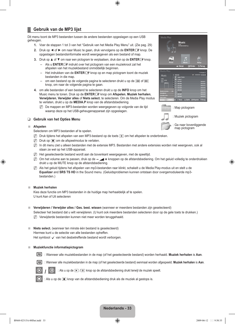 Gebruik van de mp3 lijst, Nederlands - 33, Gebruik van het opties menu | Samsung LE32B553M3W User Manual | Page 173 / 422