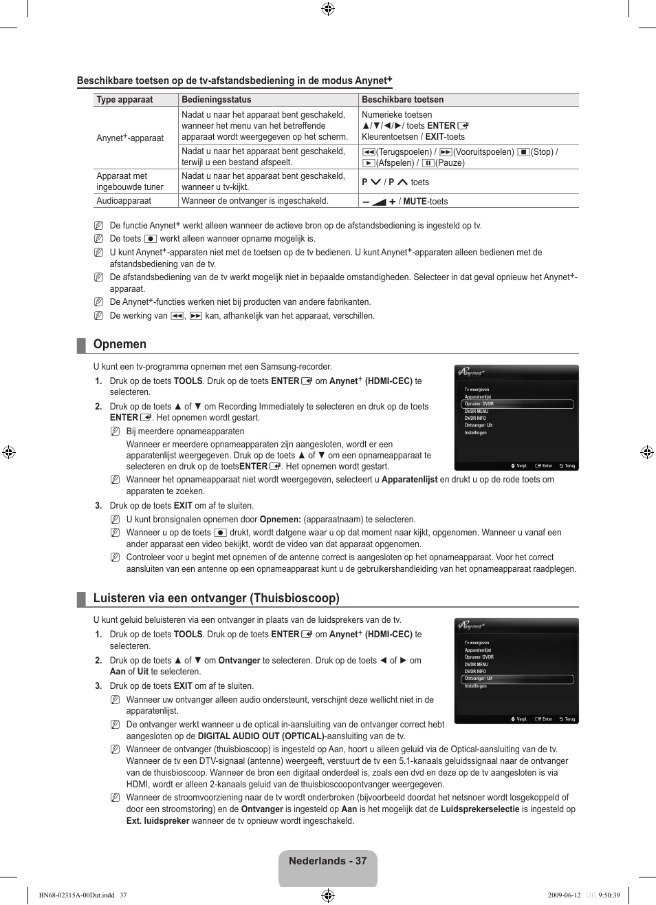 Opnemen, Luisteren via een ontvanger (thuisbioscoop) | Samsung LE32B553M3W User Manual | Page 177 / 422