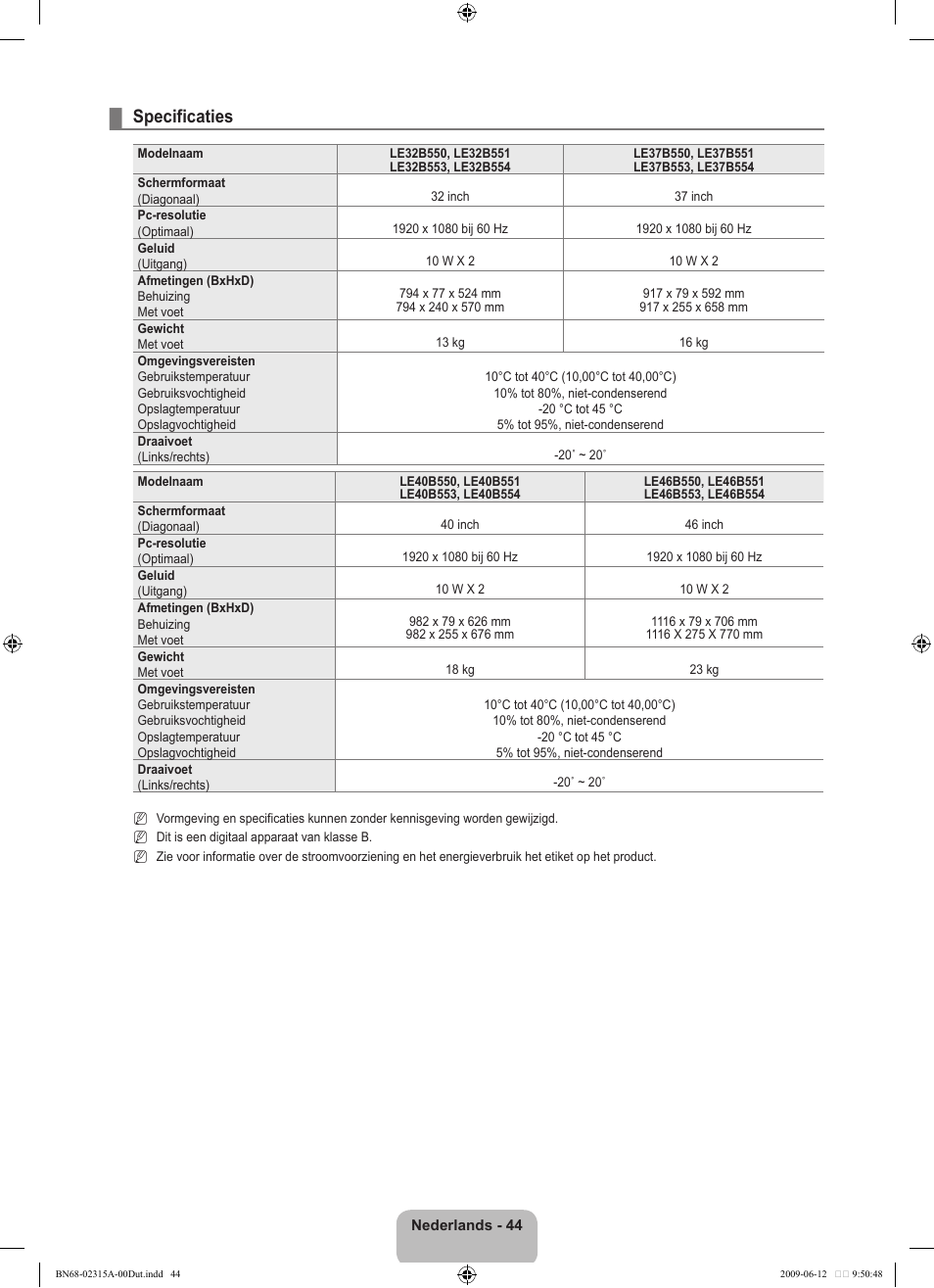 Specificaties | Samsung LE32B553M3W User Manual | Page 184 / 422