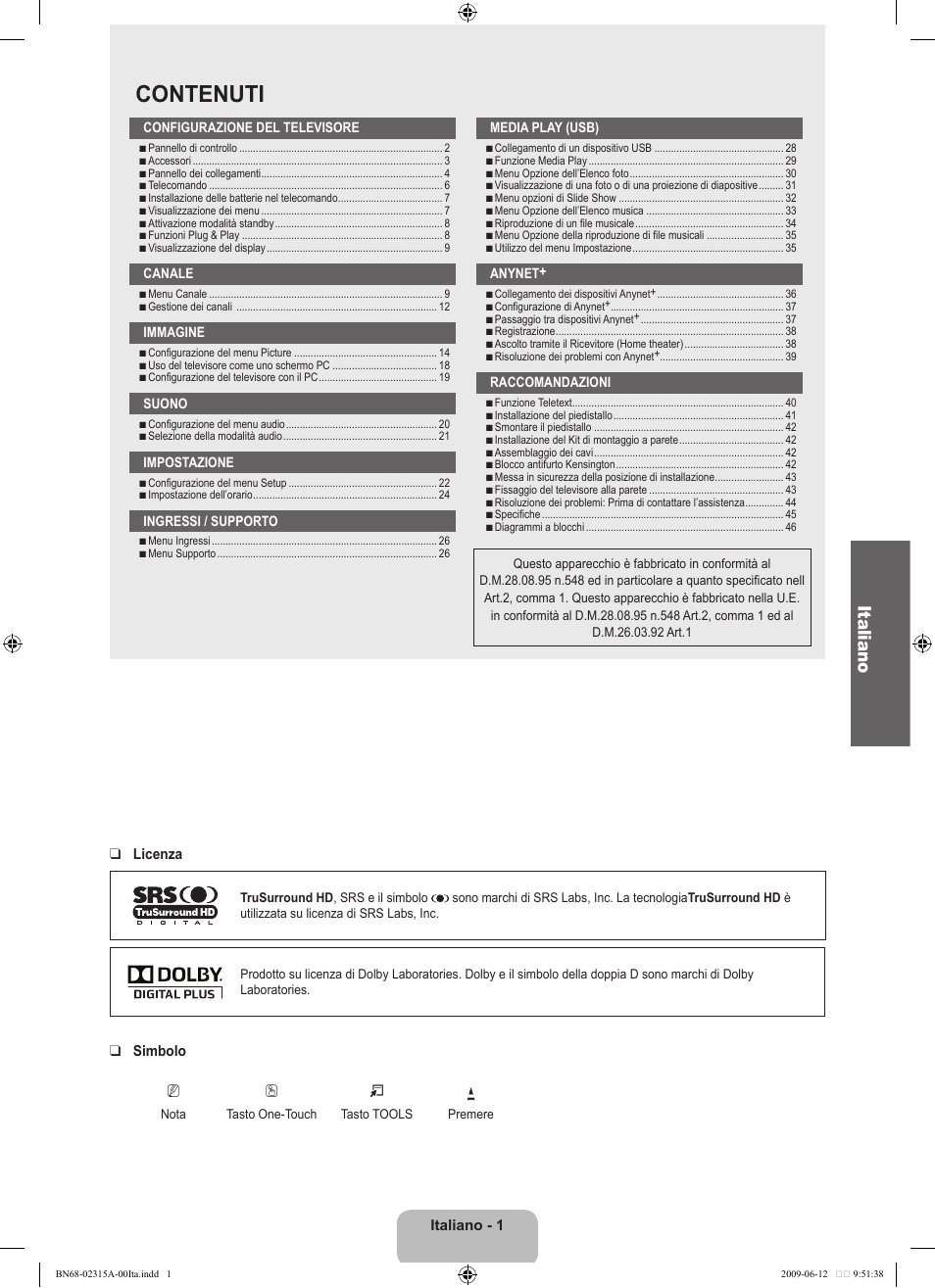Contenuti, Italiano | Samsung LE32B553M3W User Manual | Page 187 / 422