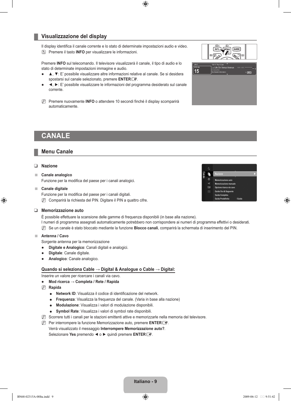 Canale, Visualizzazione del display, Menu canale | Samsung LE32B553M3W User Manual | Page 195 / 422