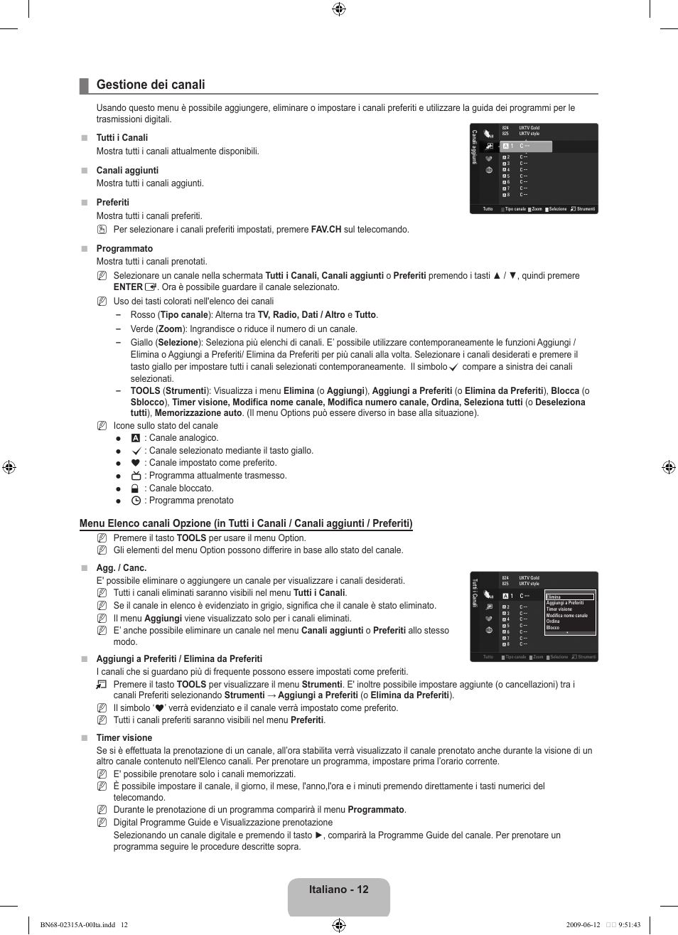 Gestione dei canali, Italiano - 12 | Samsung LE32B553M3W User Manual | Page 198 / 422