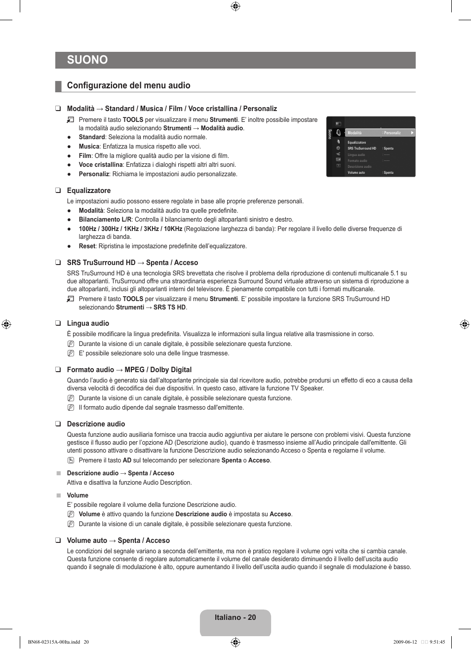 Suono, Configurazione del menu audio | Samsung LE32B553M3W User Manual | Page 206 / 422