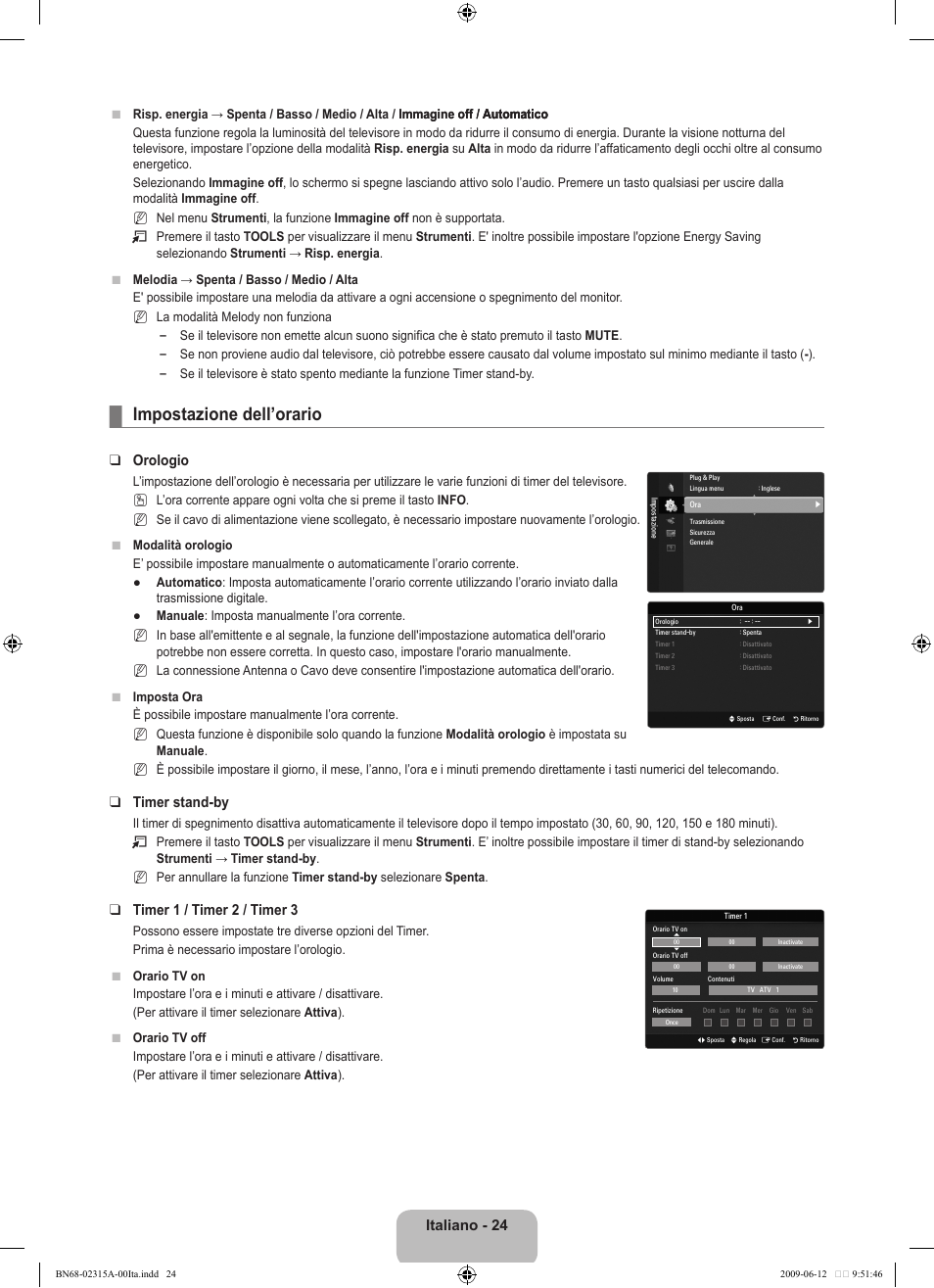 Impostazione dell’orario, Italiano - 24, Orologio | Timer stand-by, Timer 1 / timer 2 / timer 3 | Samsung LE32B553M3W User Manual | Page 210 / 422