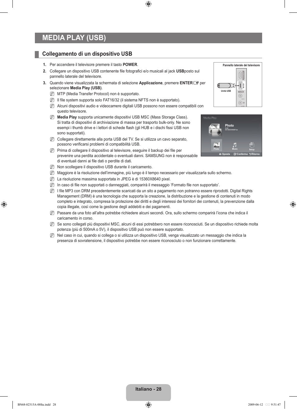 Media play (usb), Collegamento di un dispositivo usb | Samsung LE32B553M3W User Manual | Page 214 / 422