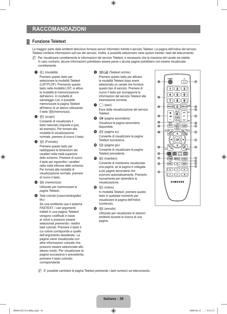 Raccomandazioni, Funzione teletext | Samsung LE32B553M3W User Manual | Page 225 / 422