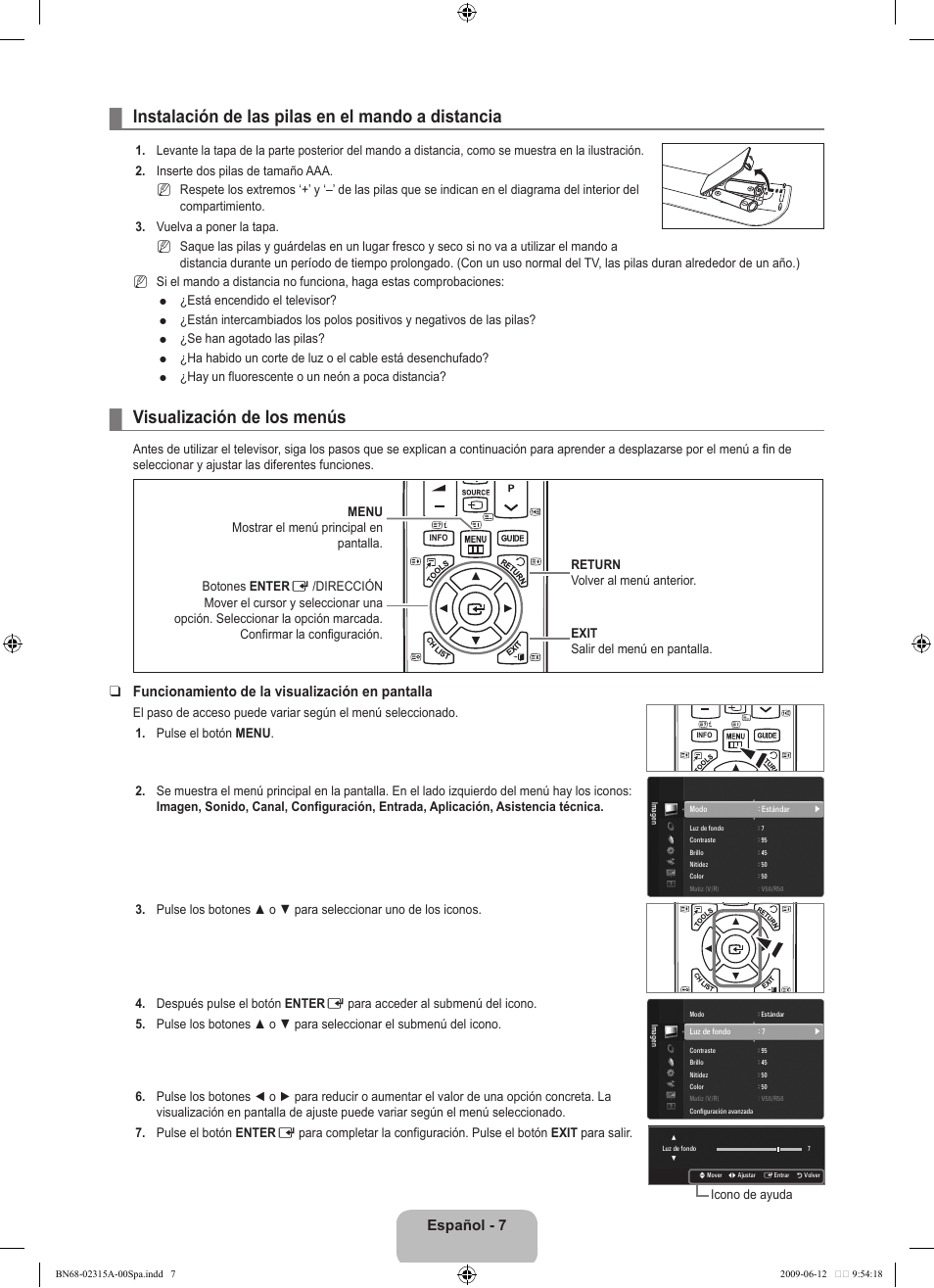 Operation, Instalación de las pilas en el mando a distancia, Visualización de los menús | Español, Funcionamiento de la visualización en pantalla | Samsung LE32B553M3W User Manual | Page 239 / 422