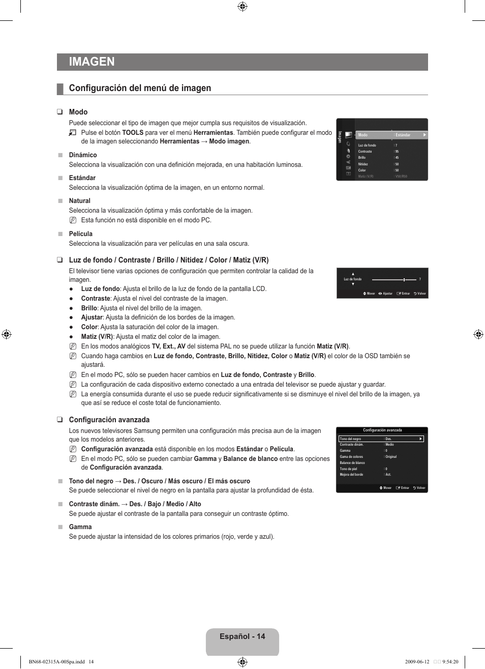 Imagen, Configuración del menú de imagen, Español - 14 | Modo, Configuración avanzada | Samsung LE32B553M3W User Manual | Page 246 / 422